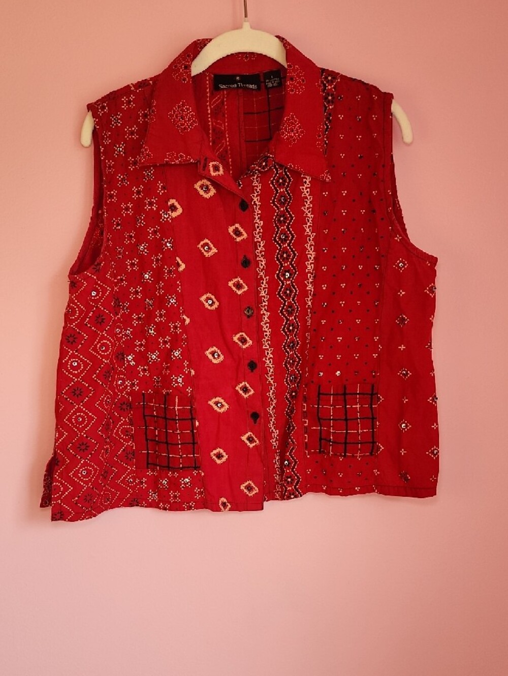 Sacred Threads Red Patchwork Button-Front Top - Picture 5 of 7